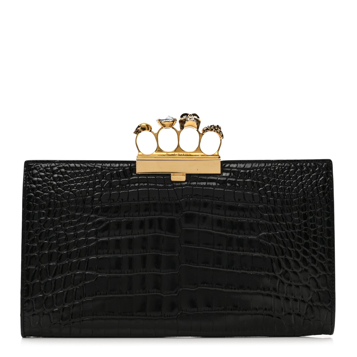 Calfskin Crocodile Embossed Knuckle Flat Clutch Black Gold