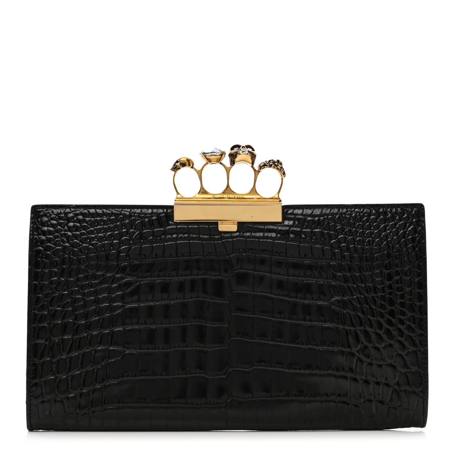 Alexander McQueen Calfskin Crocodile Embossed Knuckle Flat Clutch Black Gold 1 of 9