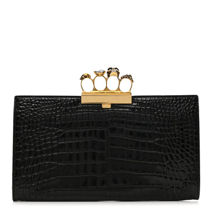 Alexander McQueen Calfskin Crocodile Embossed Knuckle Flat Clutch Black Gold 1 of 9