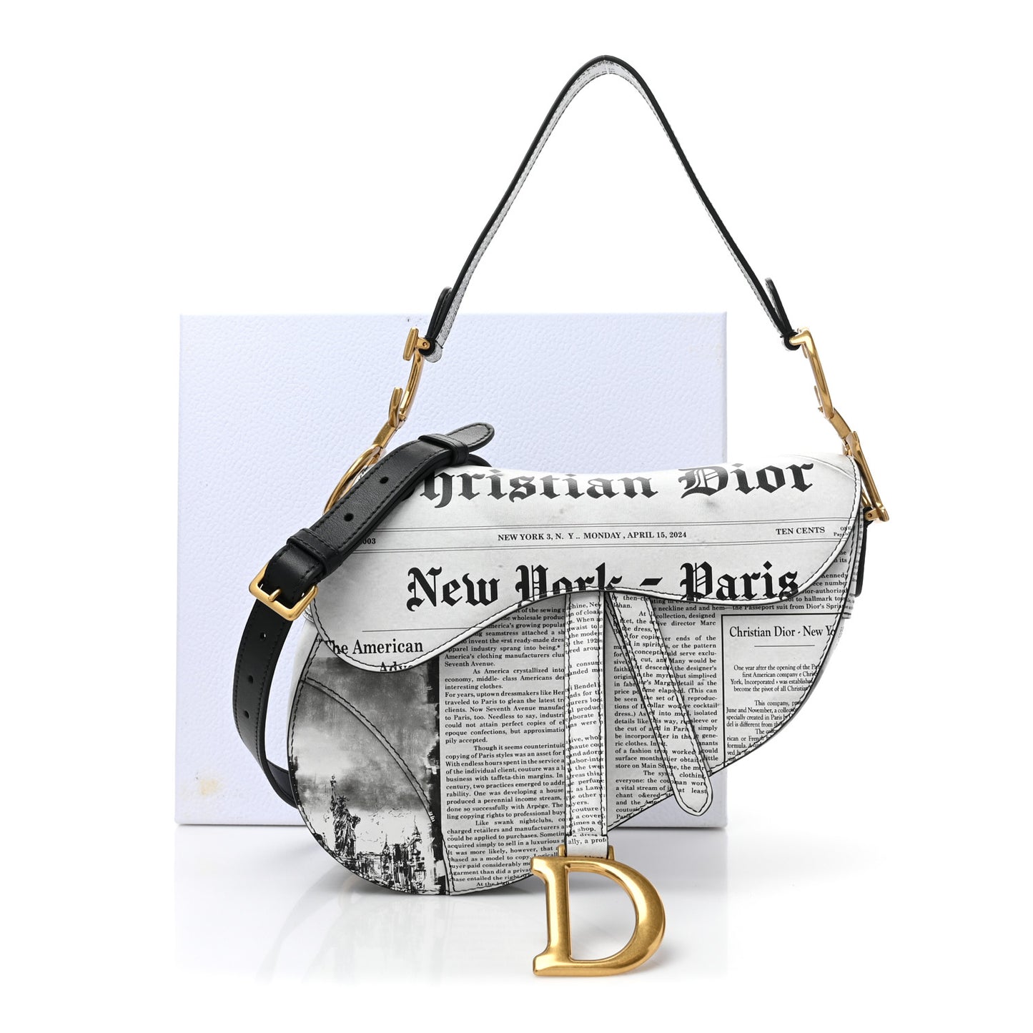 Calfskin Newspaper Printed Saddle Bag With Strap Black White
