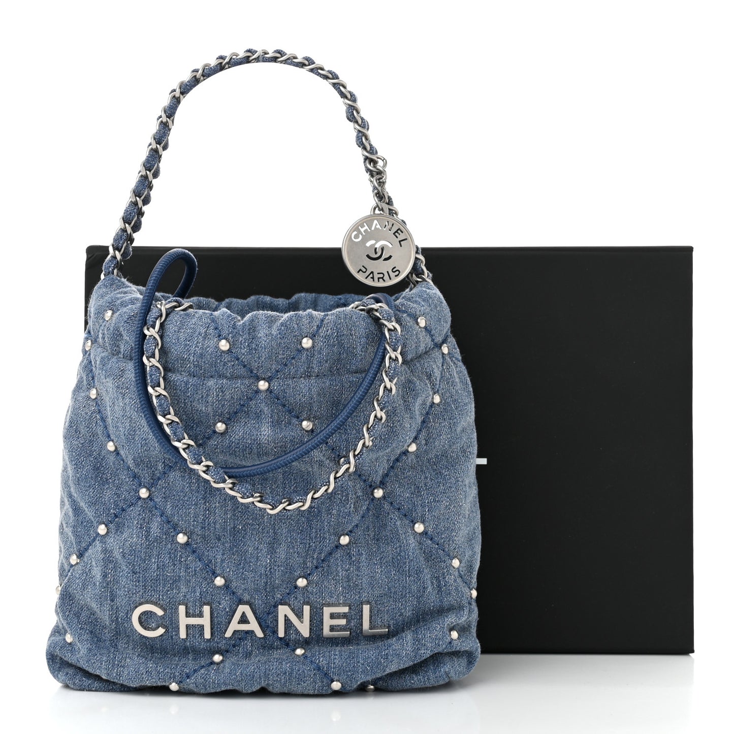 Washed Denim Quilted Studded Mini Chanel 22 Blue