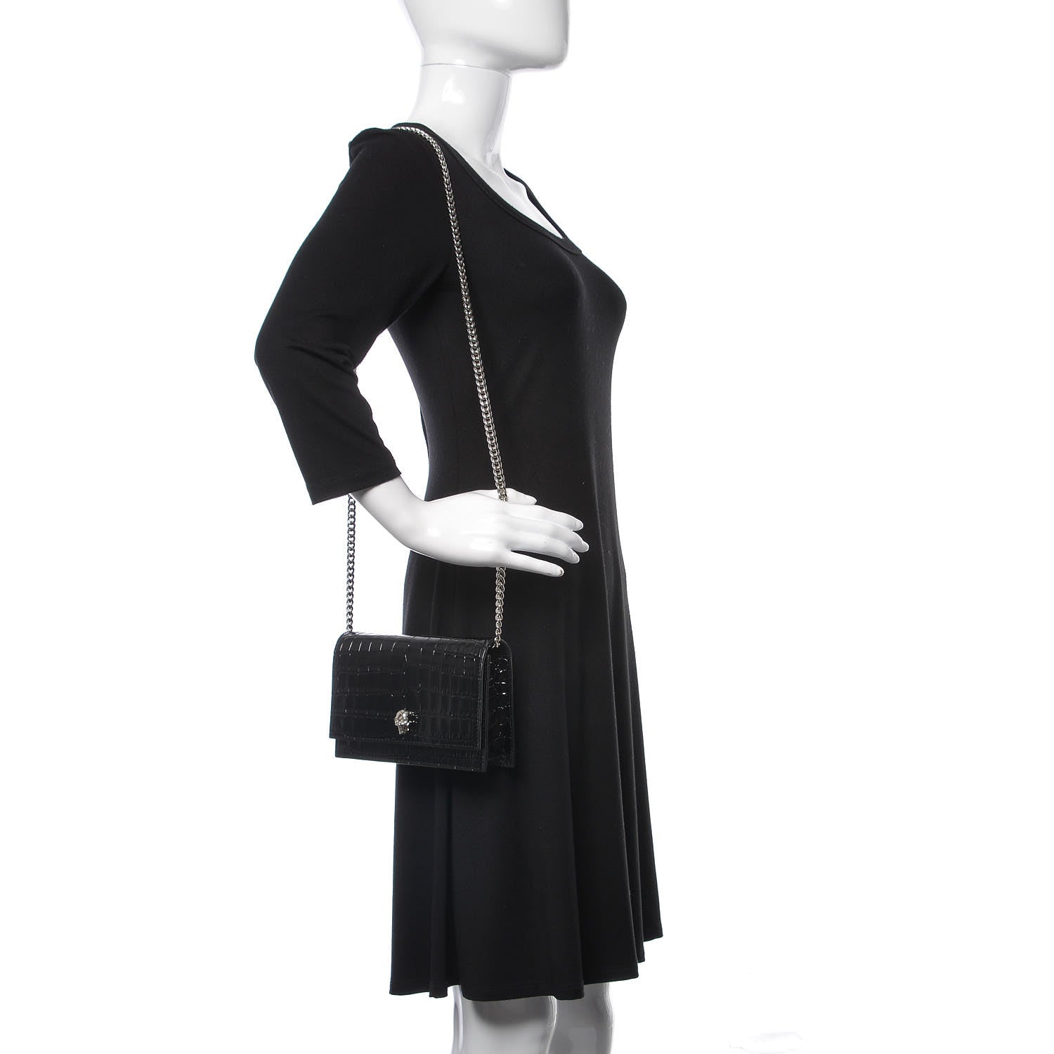 Alexander McQueen Calfskin Crocodile Embossed Skull Mini Crossbody Bag Black 2 of 8
