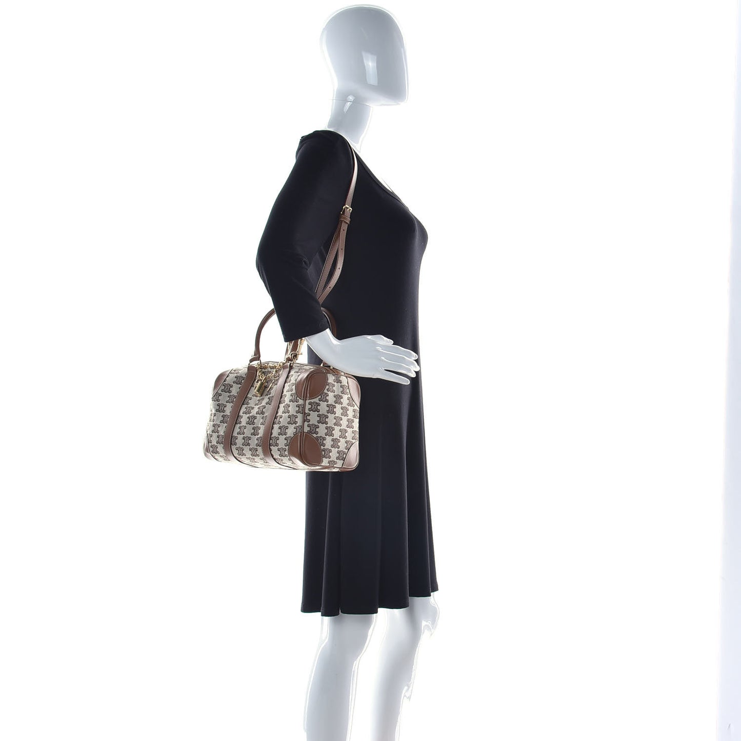 Triomphe Textile Calfskin Small Boston Bag Brown