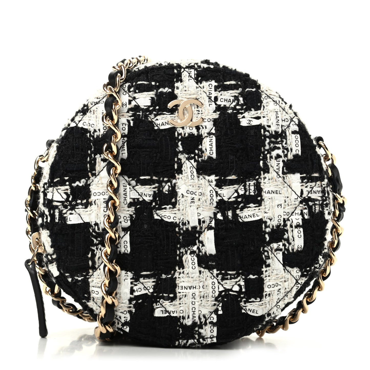 Tweed Quilted Round Clutch With Chain Black Ecru White