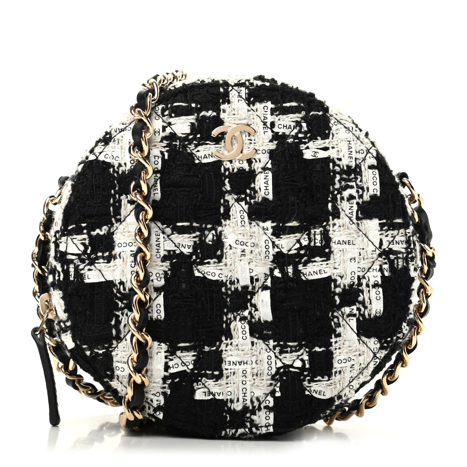 Chanel Tweed Quilted Round Clutch With Chain Black Ecru White 1 of 9