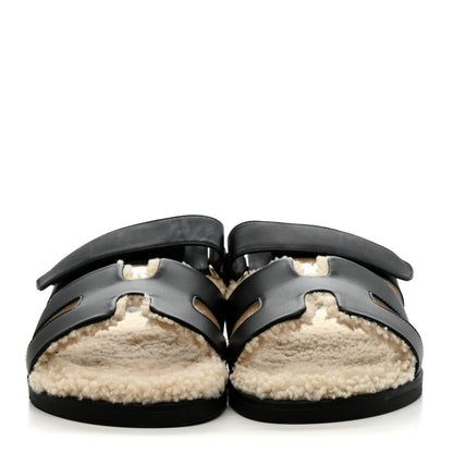 Hermes Calfskin Woolskin Womens Chypre Sandals 39 Black Ecru 3 of 9
