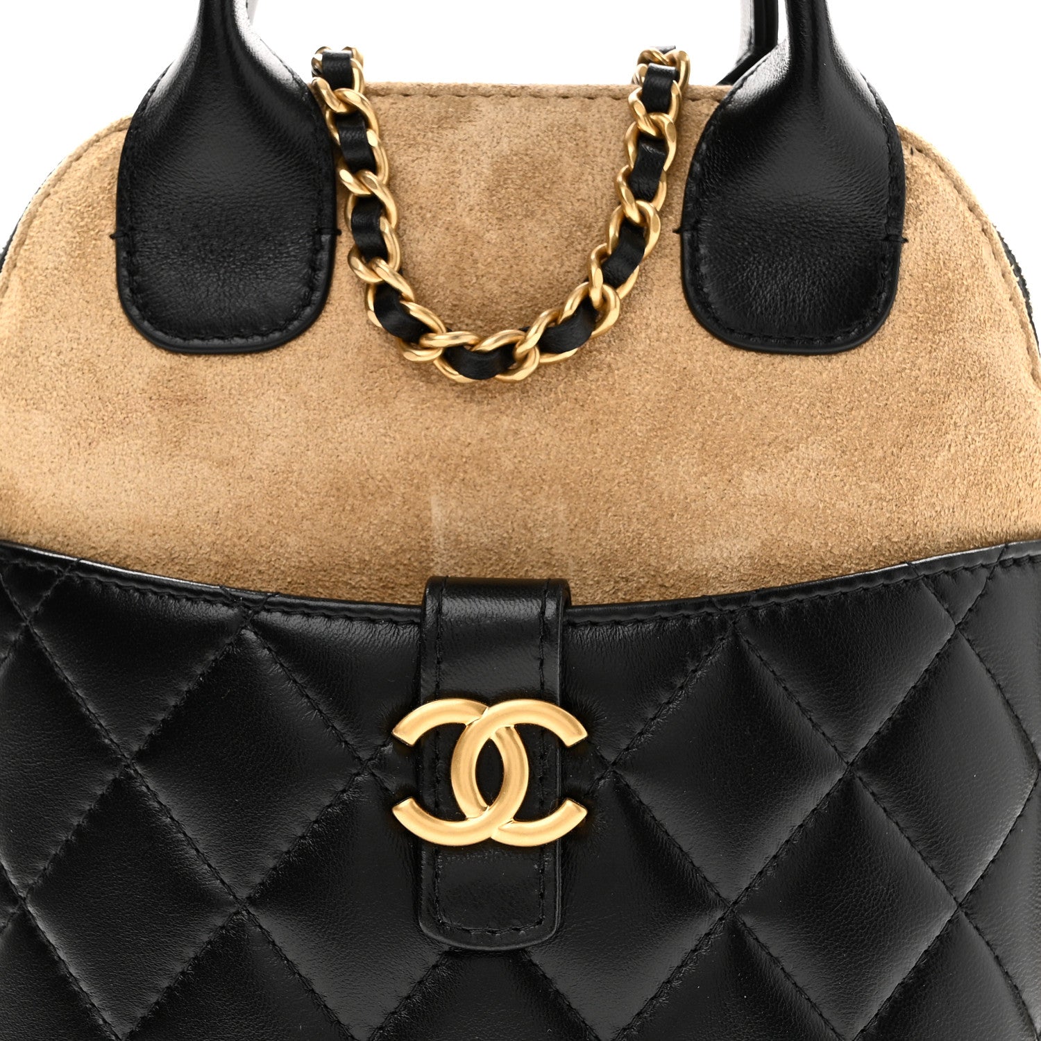 Chanel Suede Shiny Lambskin Quilted Top Handle Clutch With Chain Black Beige 8 of 10