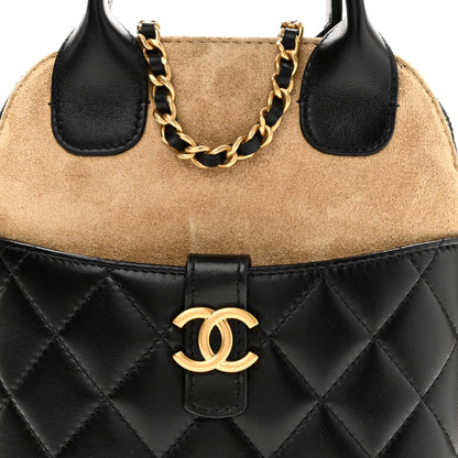 Chanel Suede Shiny Lambskin Quilted Top Handle Clutch With Chain Black Beige 8 of 10