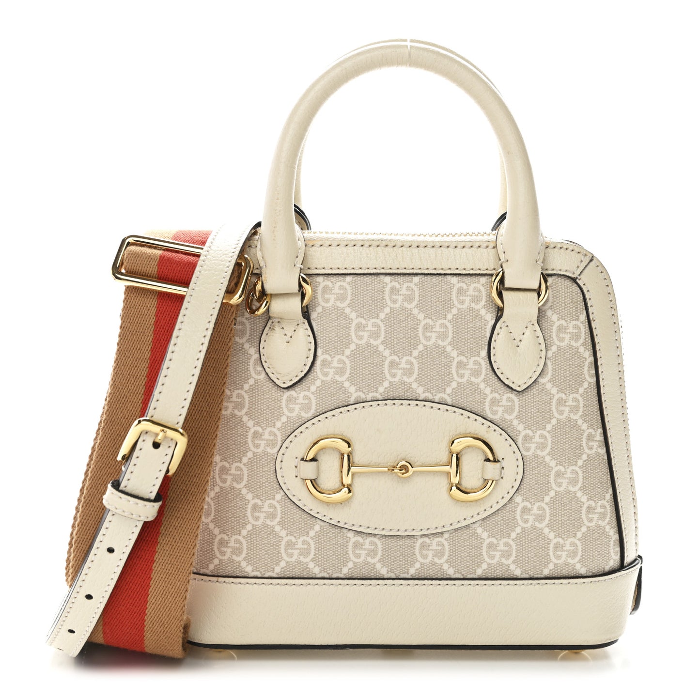 GG Supreme Monogram Textured Dollar Calfskin Mini Horsebit 1955 Top Handle Bag Beige Mystic White Oatmeal