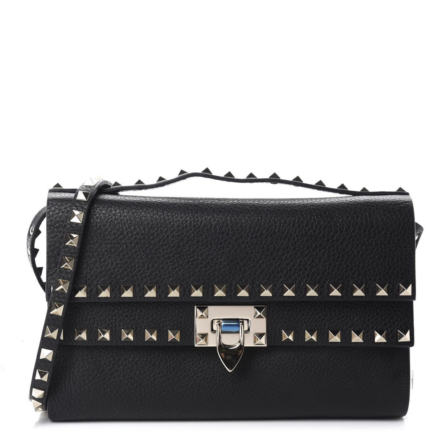 Grainy Calfskin Rockstud Double Flap Crossbody Bag Black