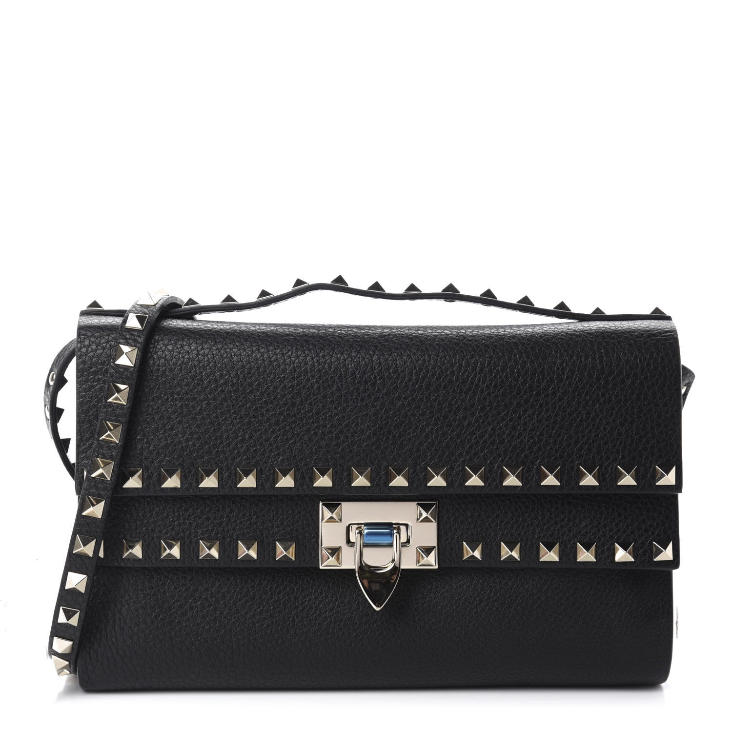 Valentino Garavani Grainy Calfskin Rockstud Double Flap Crossbody Bag Black 1 of 9