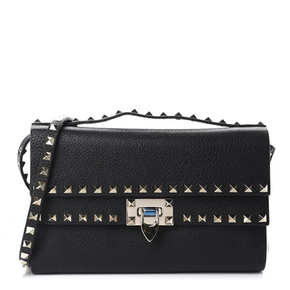 Valentino Garavani Grainy Calfskin Rockstud Double Flap Crossbody Bag Black 1 of 9