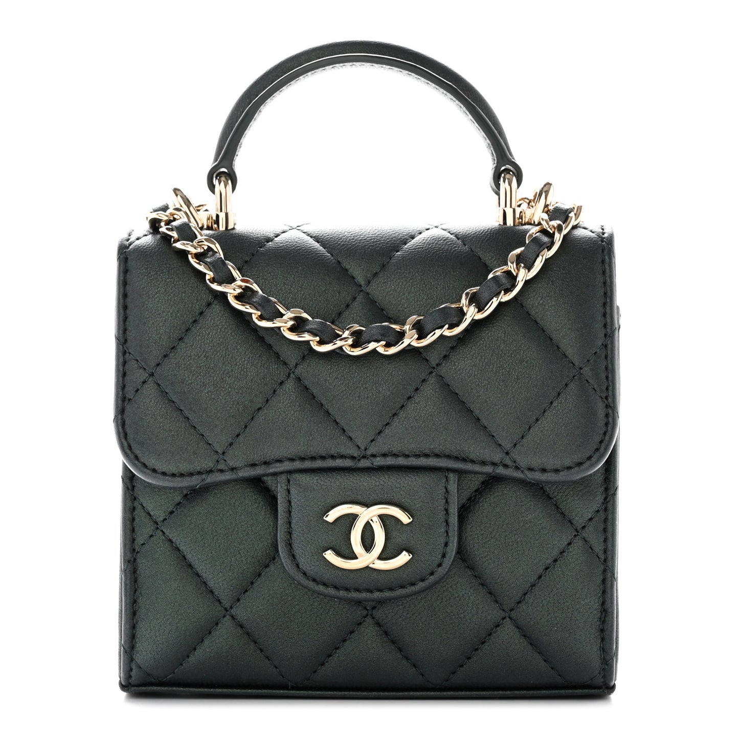 Iridescent Lambskin Quilted Top Handle Flap Clutch With Chain Dark Green