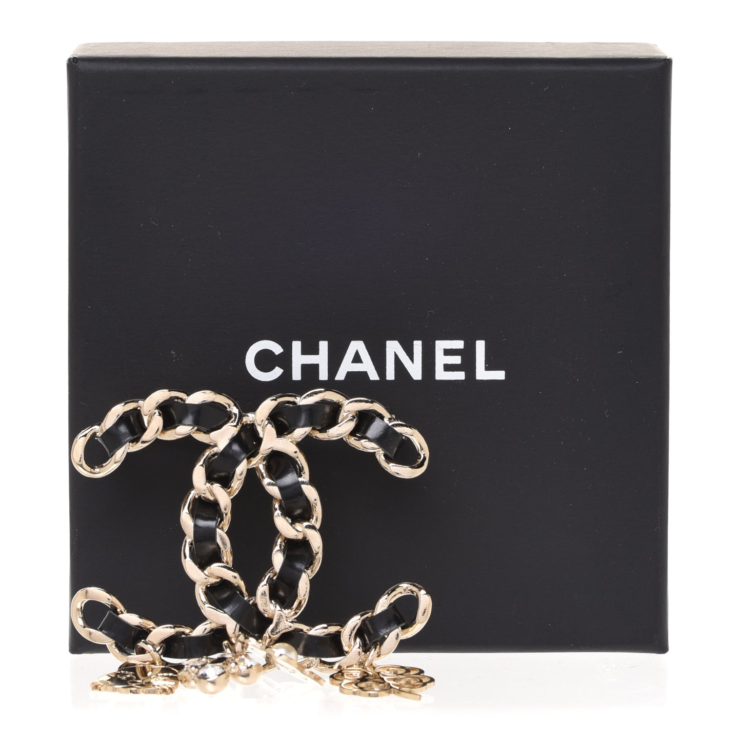 Lambskin Crystal Chain CC Charms Brooch Black Gold