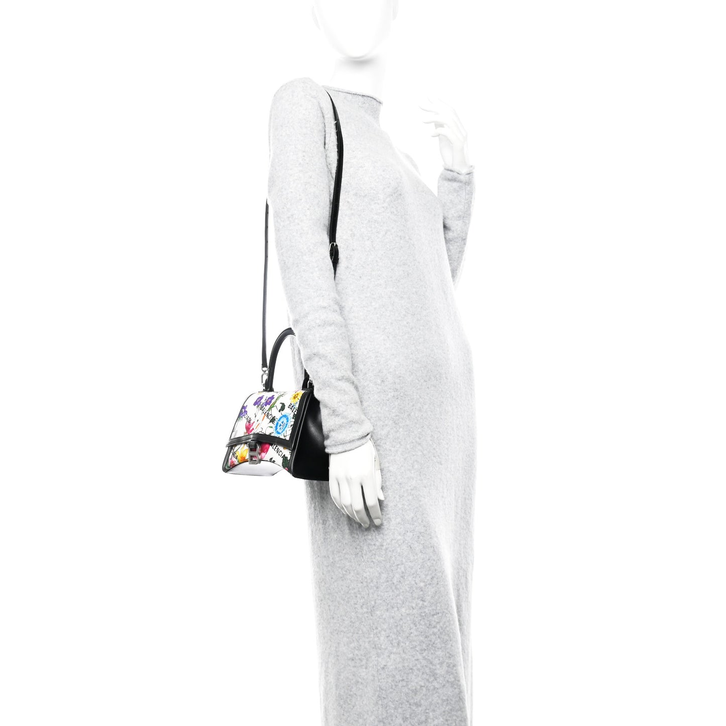 X GUCCI Canvas Boarded Plutone Calfskin Flora Logo Print Small Hourglass Top Handle Bag White Multicolor Black