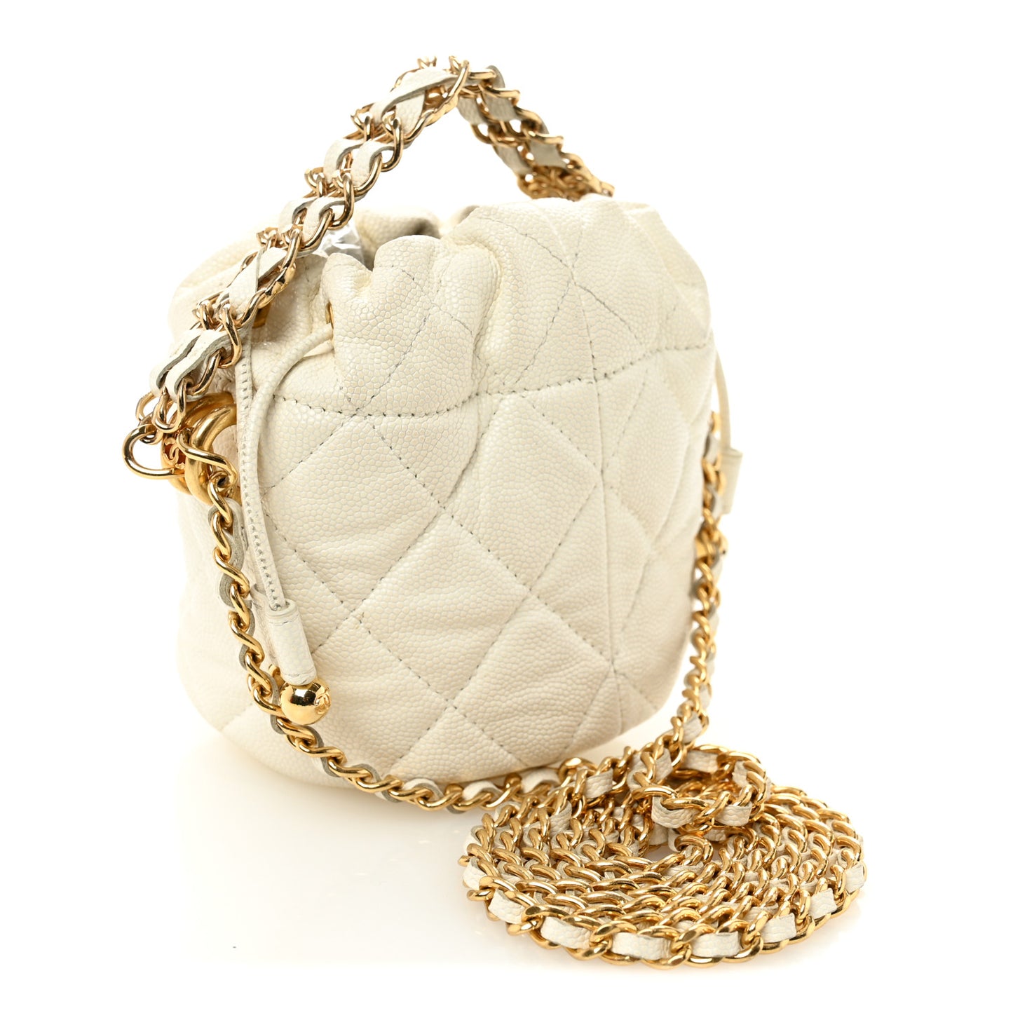 Caviar Quilted Coco First Bucket Clutch With Chain White
