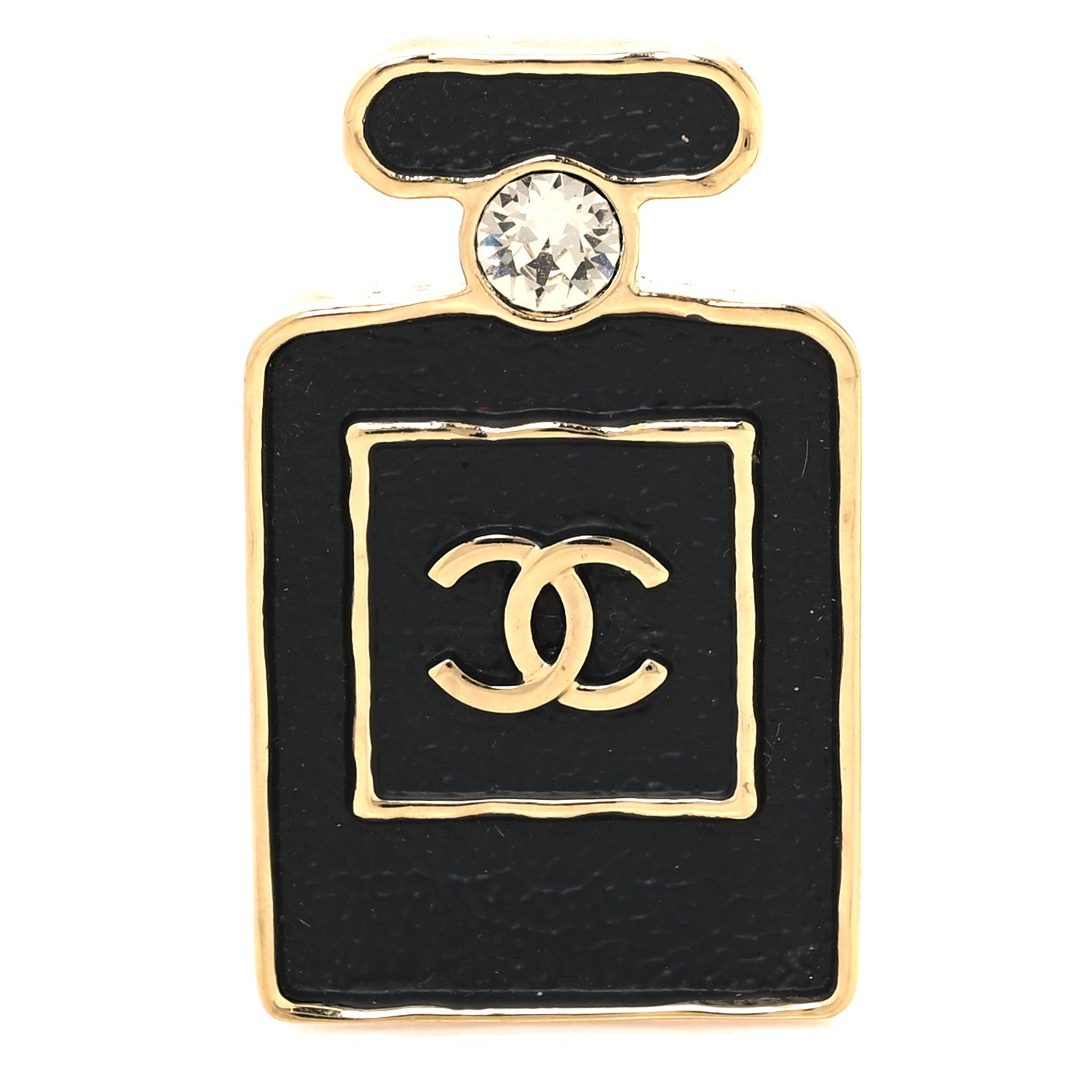 Chanel Metal Calfskin Crystal Perfume Bottle CC Brooch Gold Black 1 of 4