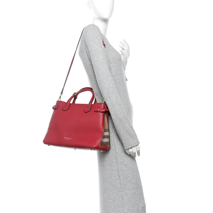 Burberry Grainy Calfskin House Check Medium Banner Tote Red 2 of 10