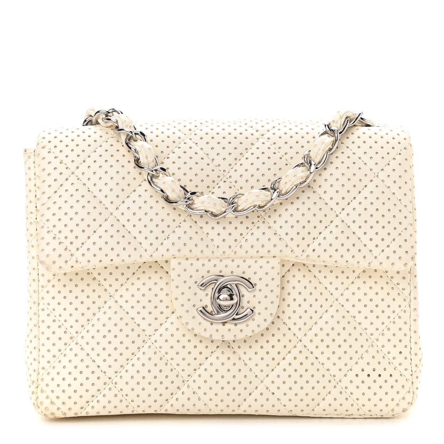 Lambskin Perforated Quilted Mini Square Flap White