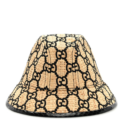 Gucci Raffia Elaphe Interlocking GG Embroidered Fedora Hat M Ivory Black 2 of 7