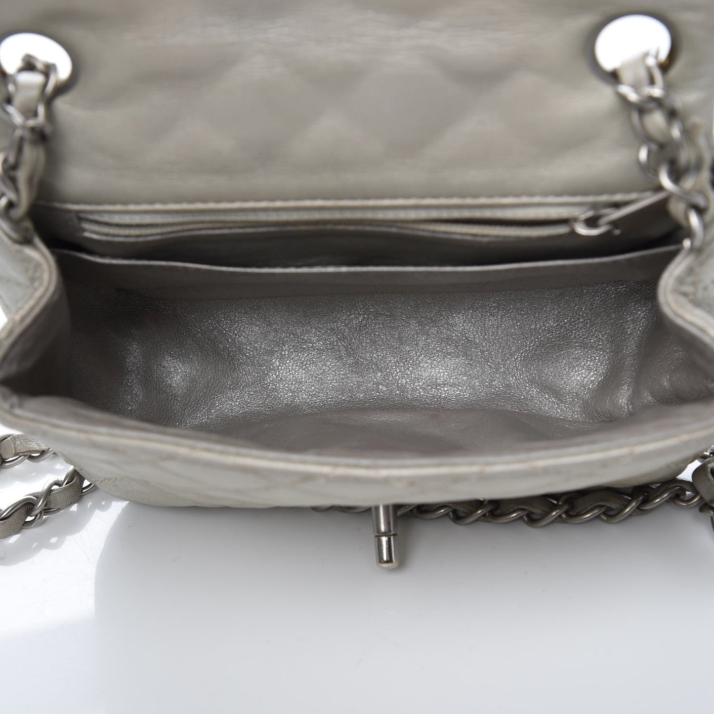 Metallic Lambskin Quilted Mini Square Flap Silver