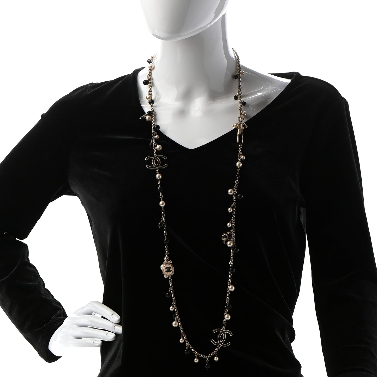 Pearl Beaded Enamel CC Coco Long Necklace Black Gold
