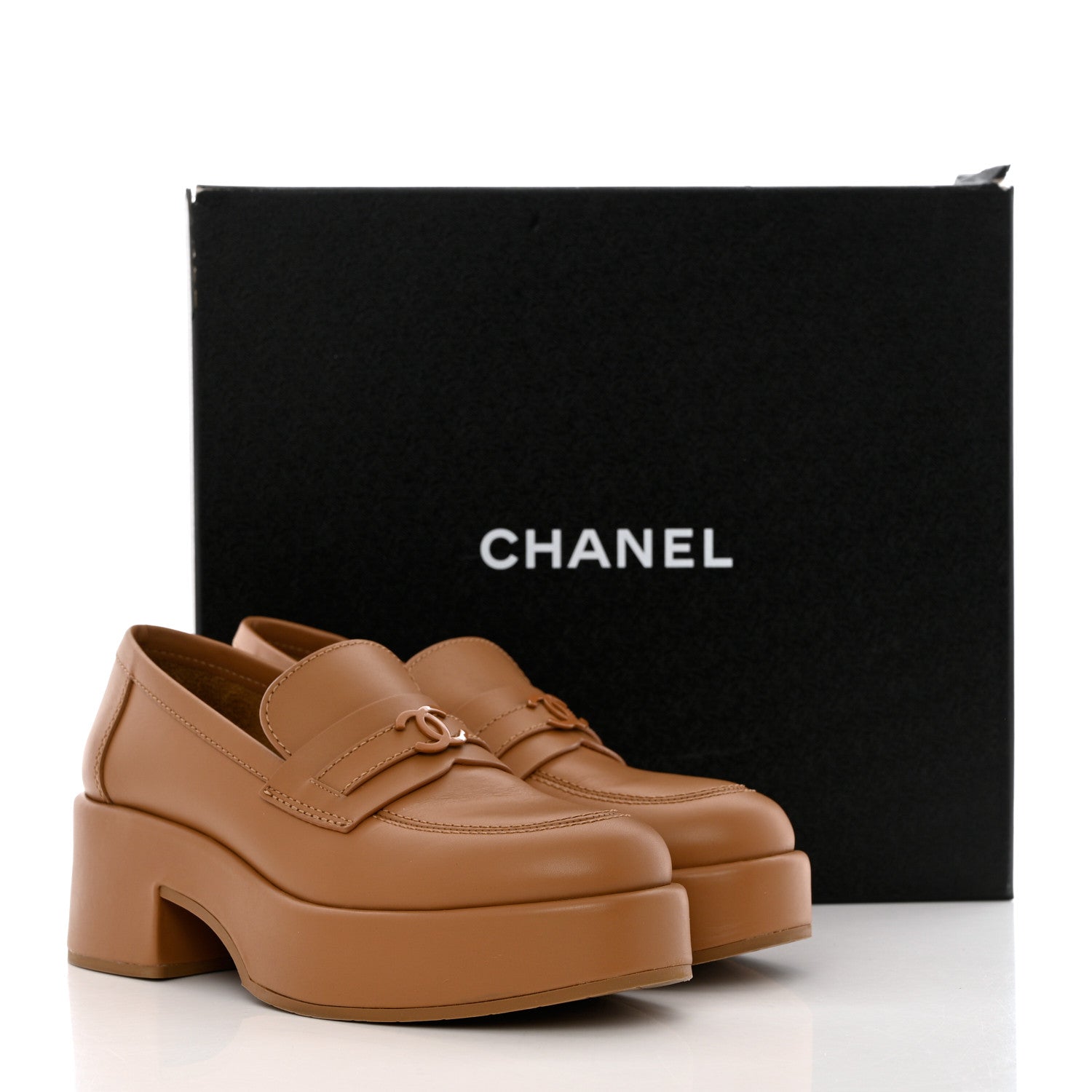Chanel Calfskin CC Platform Loafers 37.5 Beige 9 of 9