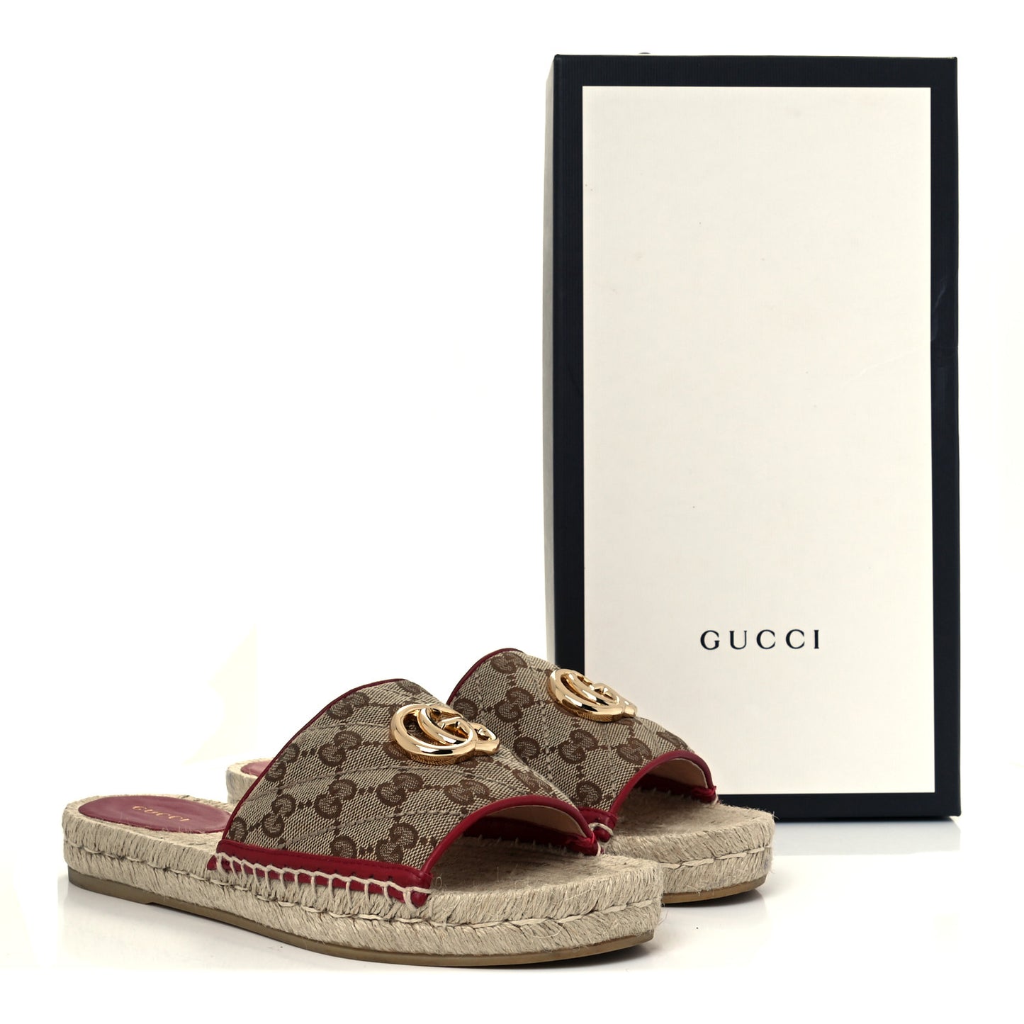 Monogram Matelasse GG Marmont Espadrille 20mm Slide Sandals 37.5 Beige Ebony New Cherry Red