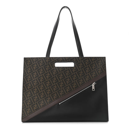 Fendi Glazed Fabric Vitello Liberty FF 1974 Diagonal East West Shopper Tote Tobacco Moresco Black 1 of 10
