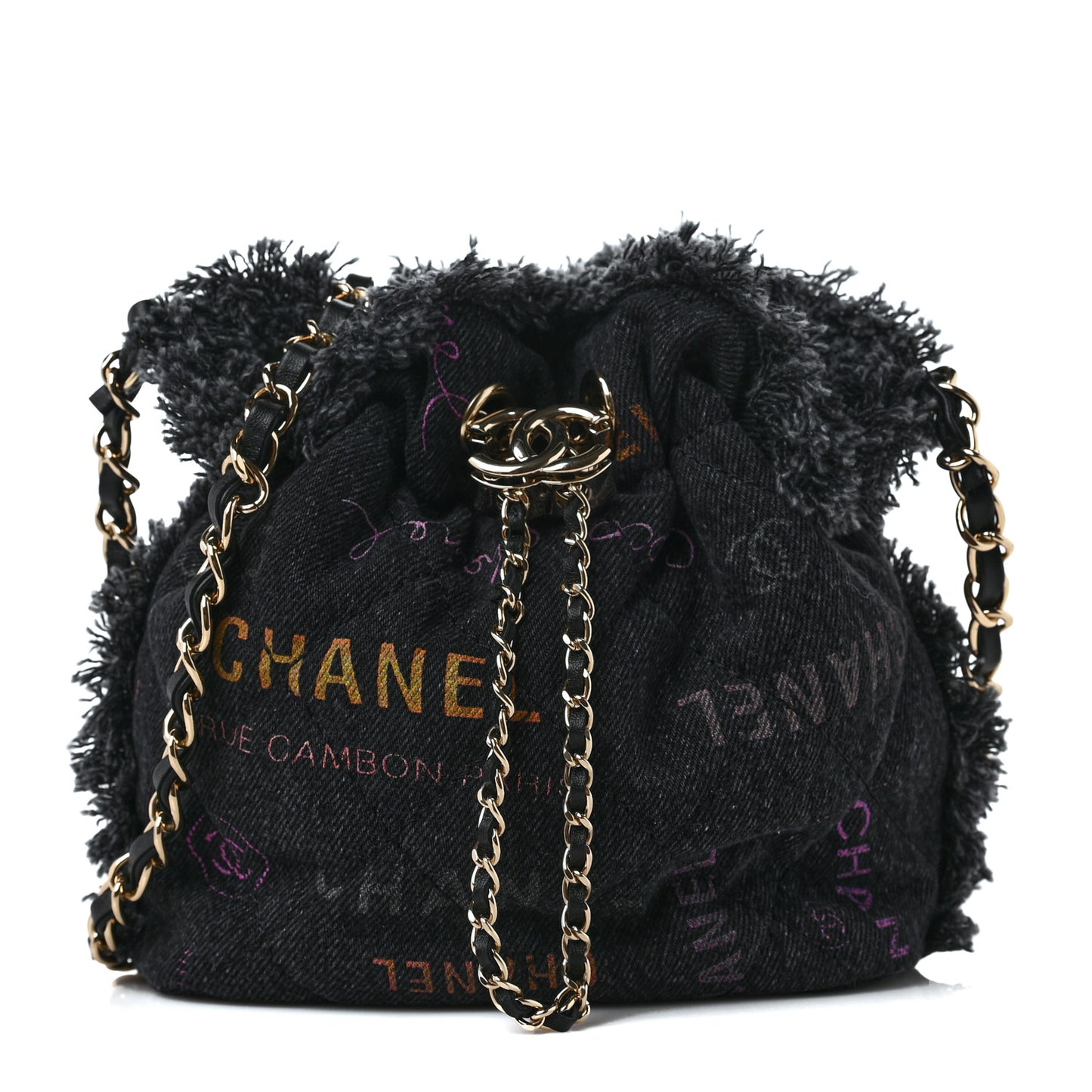Denim Quilted Mood Bucket With Chain Black Multicolor