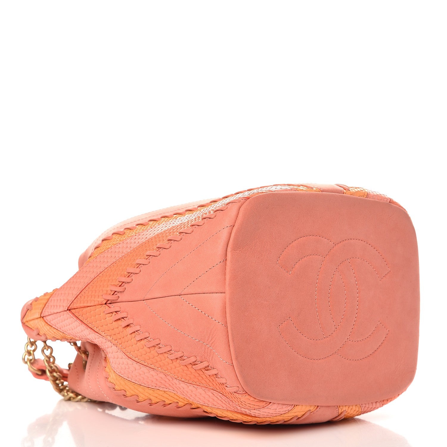 Chanel Iridescent Calfskin Python Patchwork Chevron Drawstring Bag Coral 5 of 8