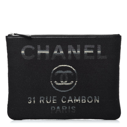 Chanel Striped Canvas Deauville Pouch Clutch Black 1 of 8