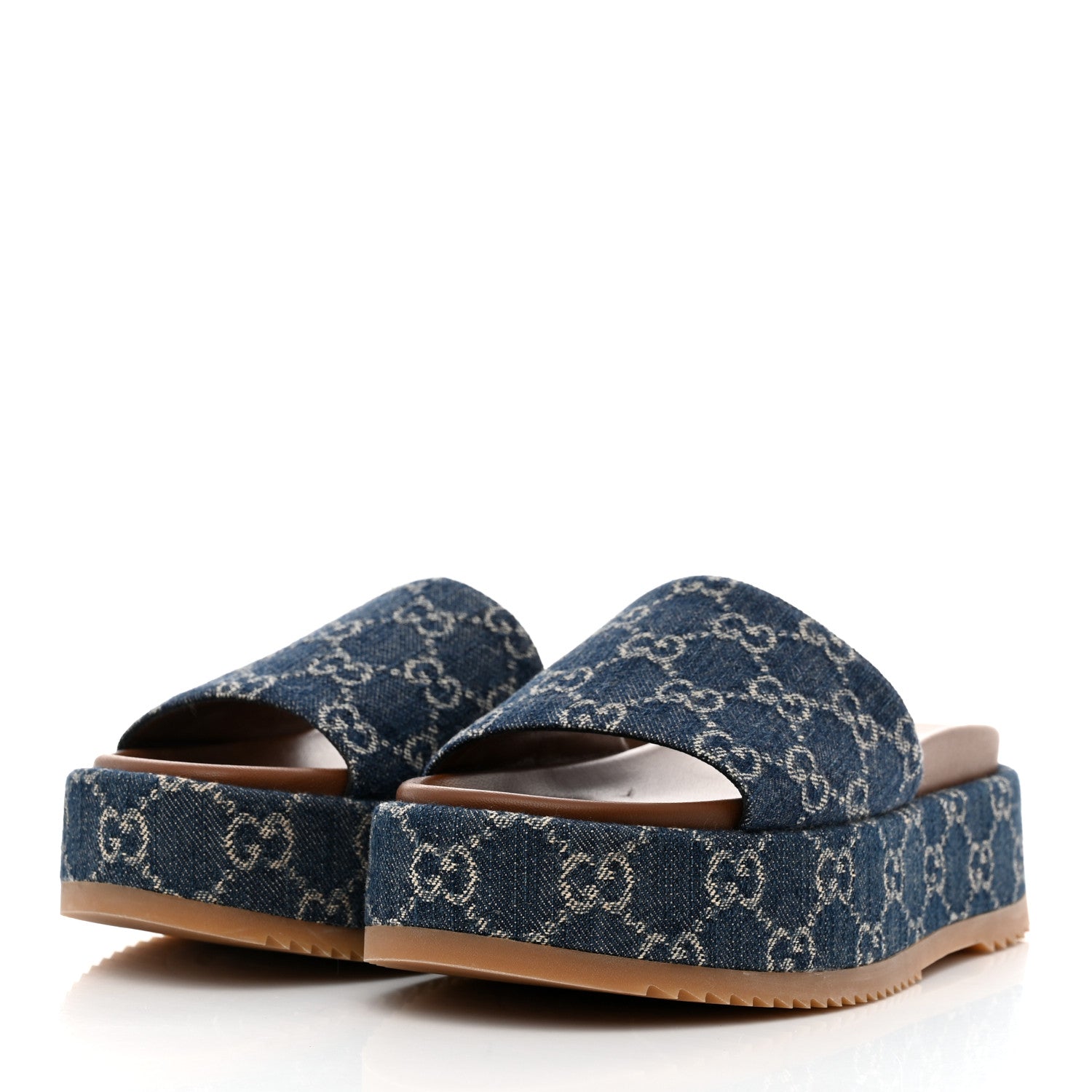Gucci New Denim GG Monogram Angelina Platform 55mm Slide Sandals 37.5 Blue Tea 3 of 9
