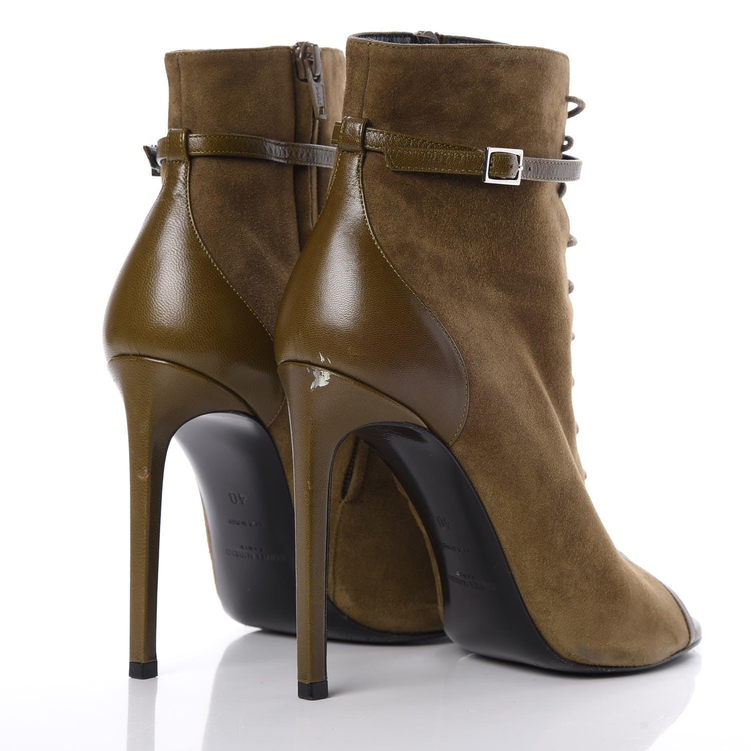 Saint Laurent Suede Peep Toe Ankle Boots 40 Green 4 of 11