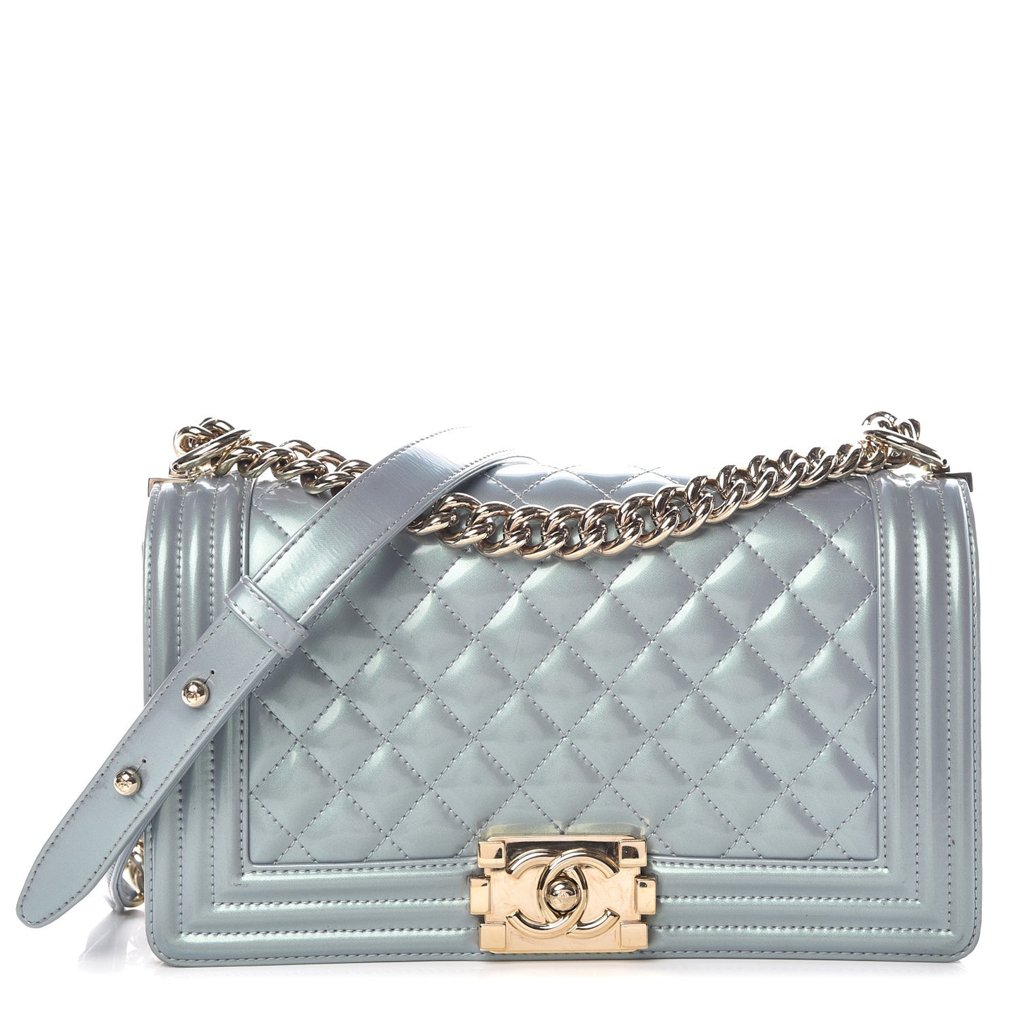 Iridescent Patent Calfskin Quilted Medium Boy Flap Light Blue