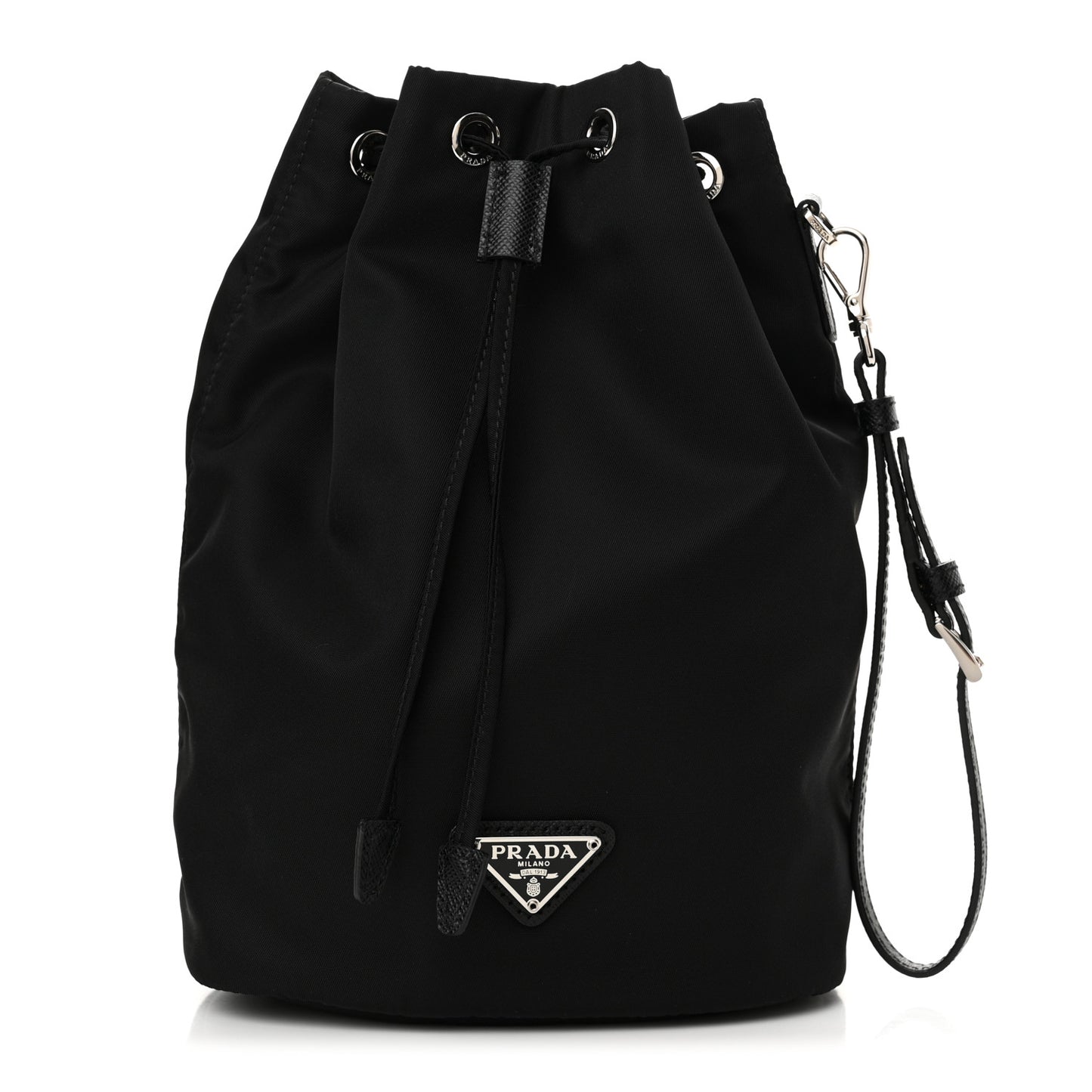 Saffiano Tessuto Nylon Vela Bucket Wristlet Black
