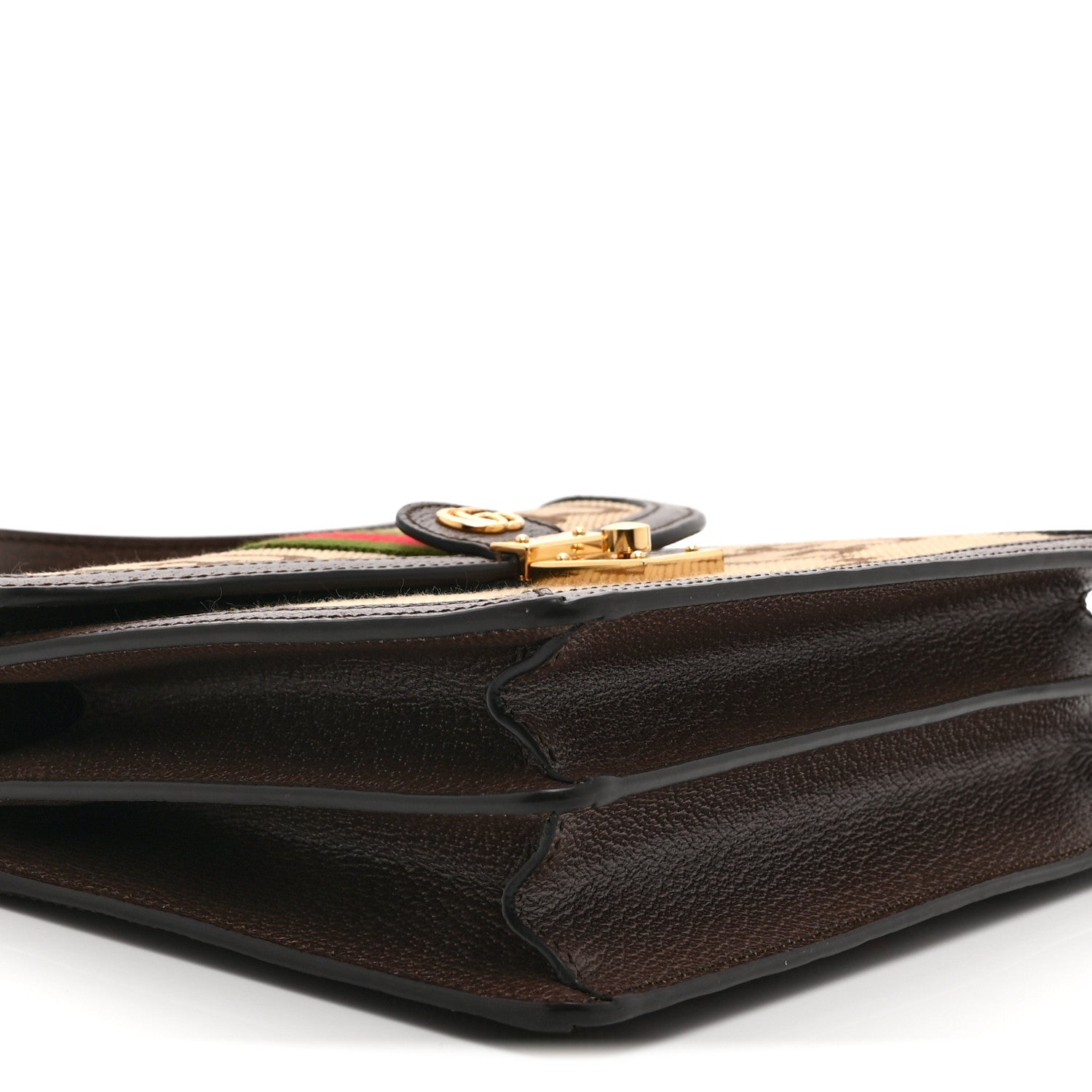 Gucci Monogram Jumbo GG Textured Dollar Calfskin Web Small Ophidia Padlock Top Handle Bag Camel Ebony New Acero 10 of 11