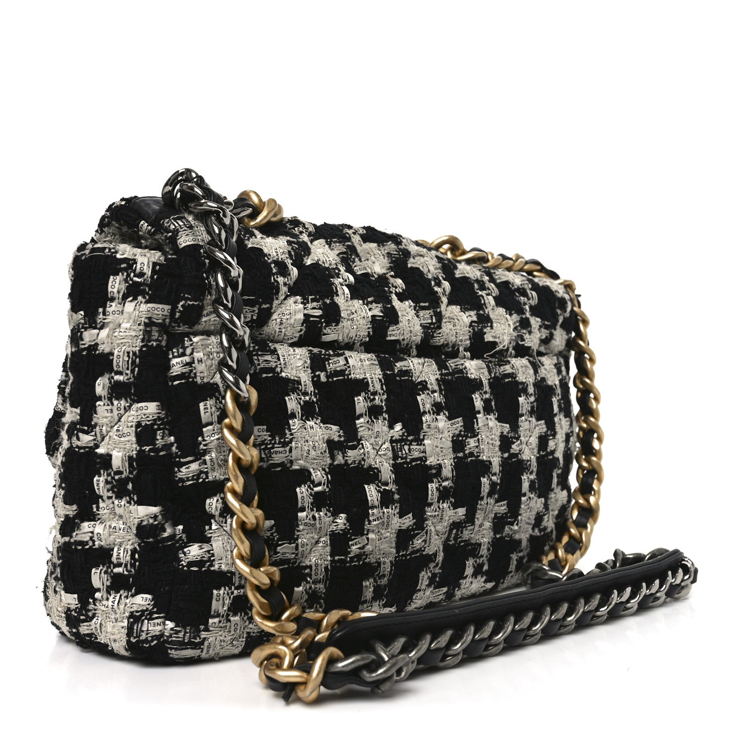 Chanel Tweed Quilted Large Chanel 19 Flap Black Ecru White 3 of 12