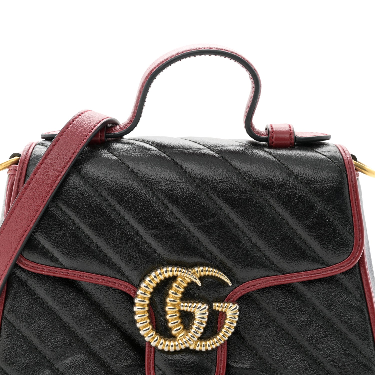 Gucci Vintage Effect Calfskin Matelasse Diagonal Mini Torchon GG Marmont Top Handle Shoulder Bag Black Romantic Cherry 8 of 11
