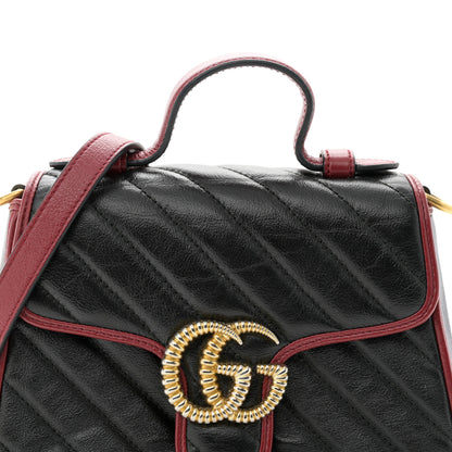 Gucci Vintage Effect Calfskin Matelasse Diagonal Mini Torchon GG Marmont Top Handle Shoulder Bag Black Romantic Cherry 8 of 11