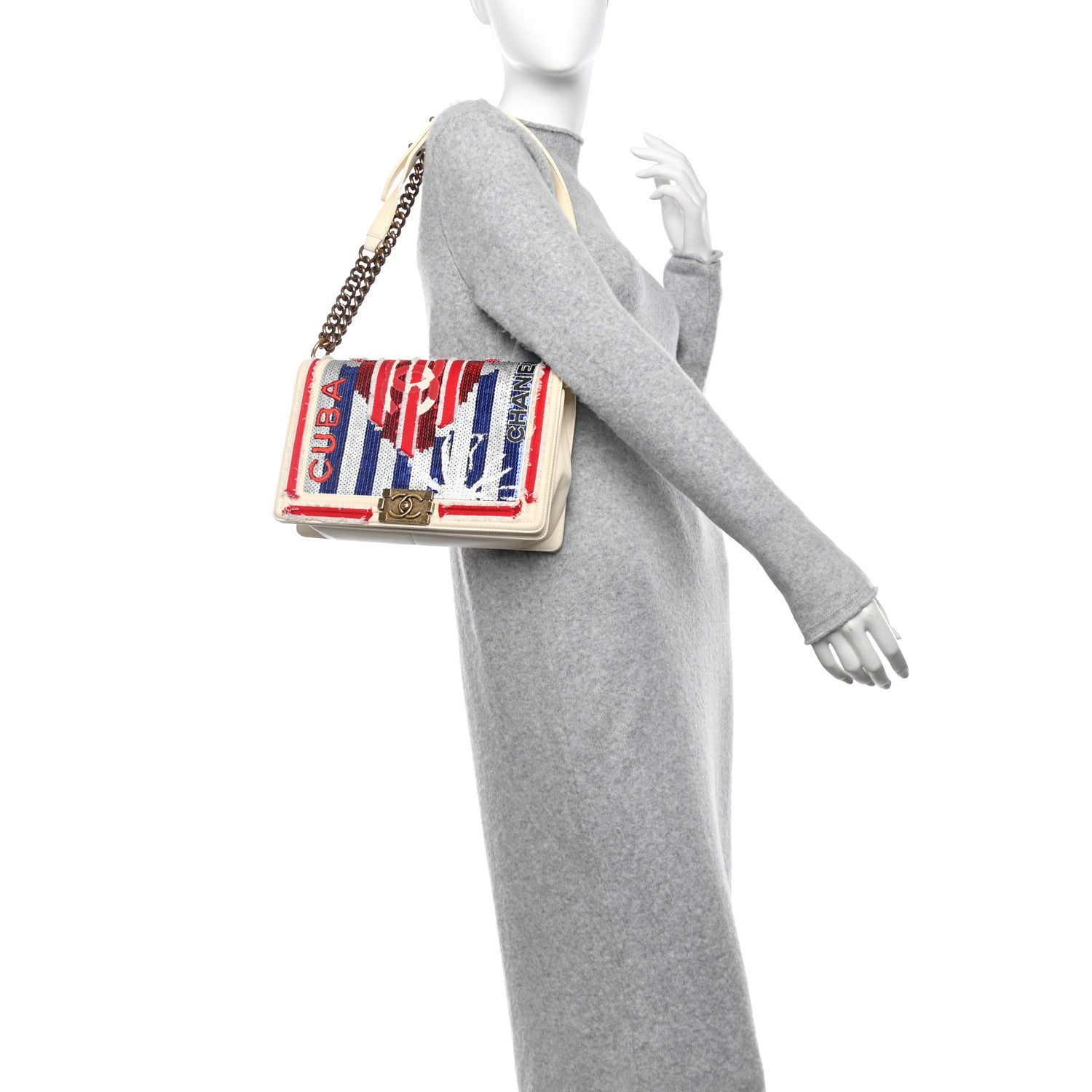 Chanel Sequin Canvas New Medium Cuba Boy Flap White Blue Red 3 of 14