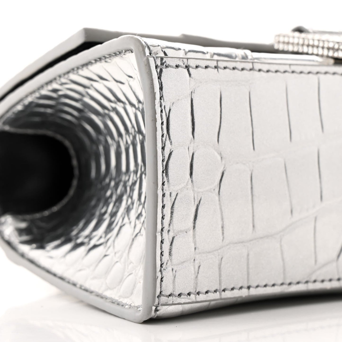 Metallic Calfskin Crocodile Embossed Crystal Hourglass Top Handle Bag XS Silver