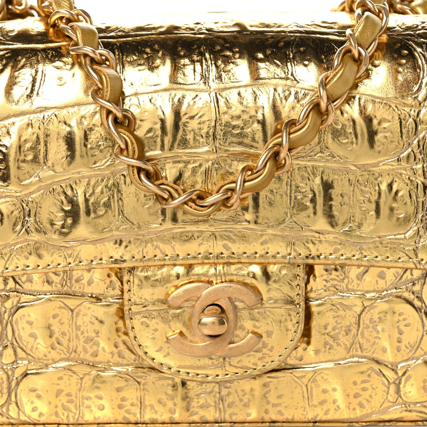 Metallic Calfskin Crocodile Embossed Cocodile Rectangular Mini Flap Gold