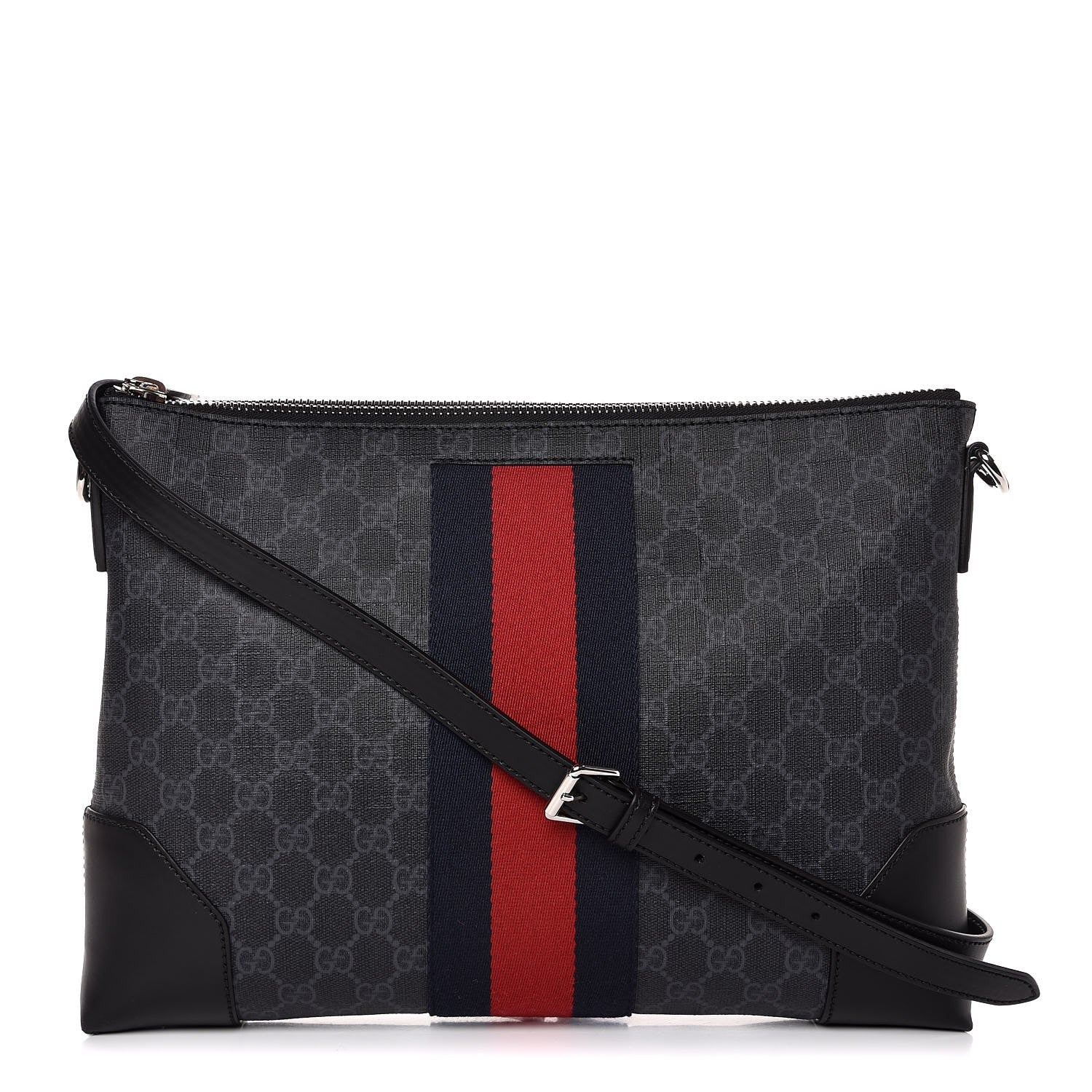 Gucci Soft GG Supreme Monogram Appia Calfskin Web East West Messenger Bag Black Grey 1 of 8