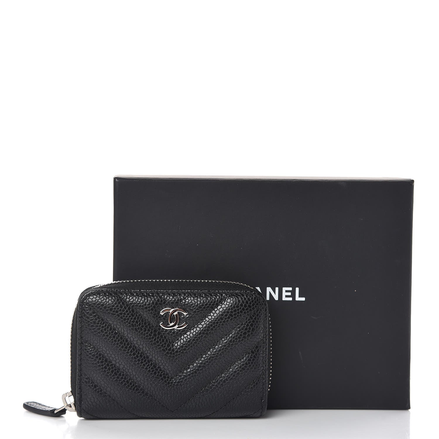 Chanel Caviar Chevron Quilted Zip Coin Purse Black 11 of 11