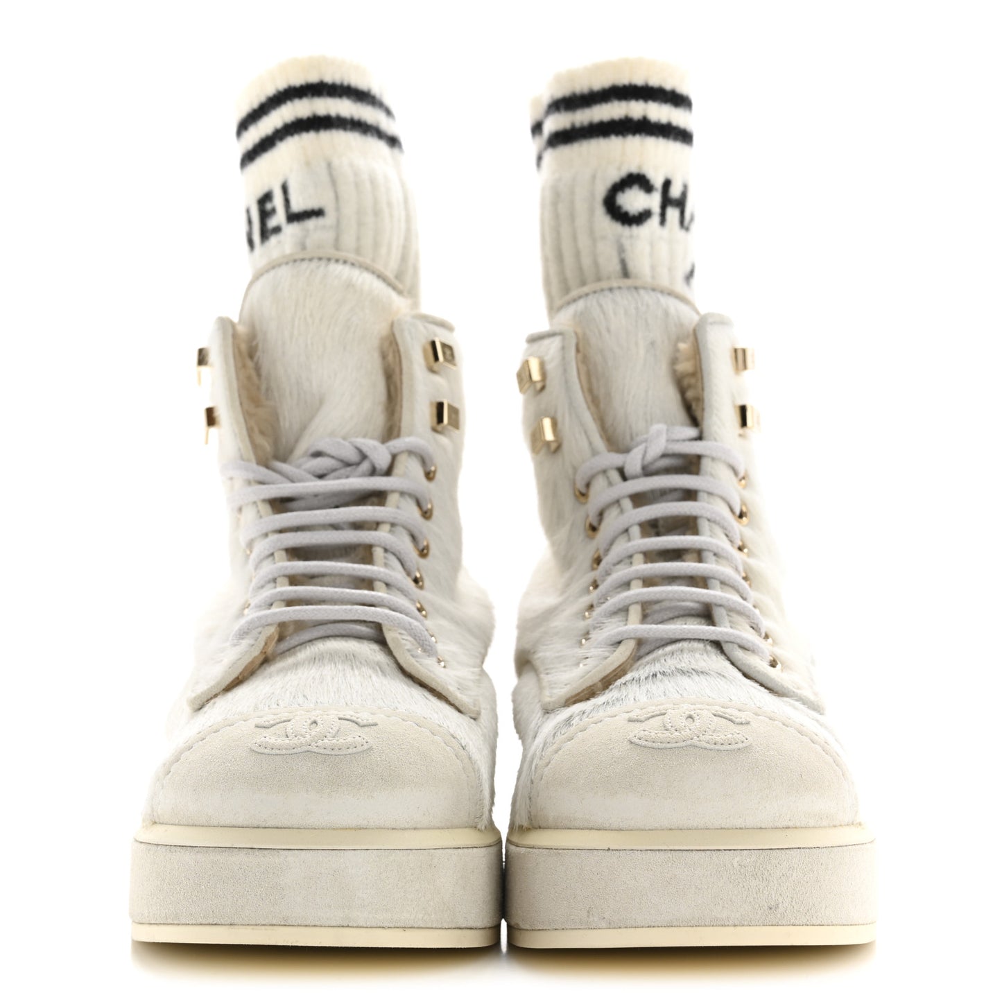 Suede Pony Hair Shearling Lace Up Combat Boots 36.5 White