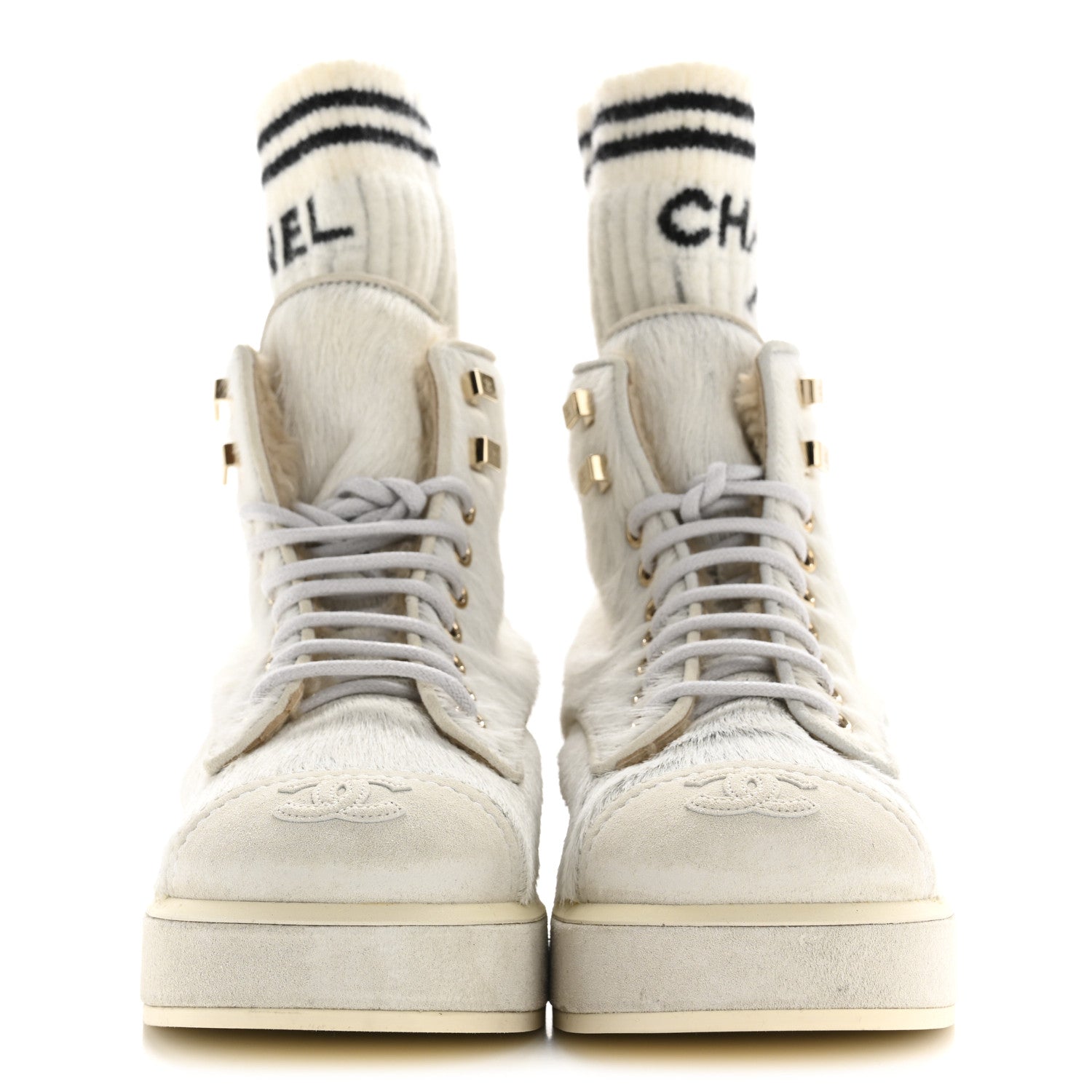 Chanel Suede Pony Hair Shearling Lace Up Combat Boots 36.5 White 3 of 9