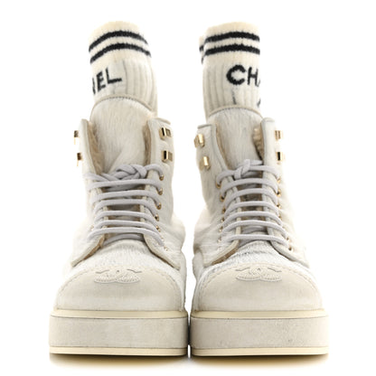 Chanel Suede Pony Hair Shearling Lace Up Combat Boots 36.5 White 3 of 9