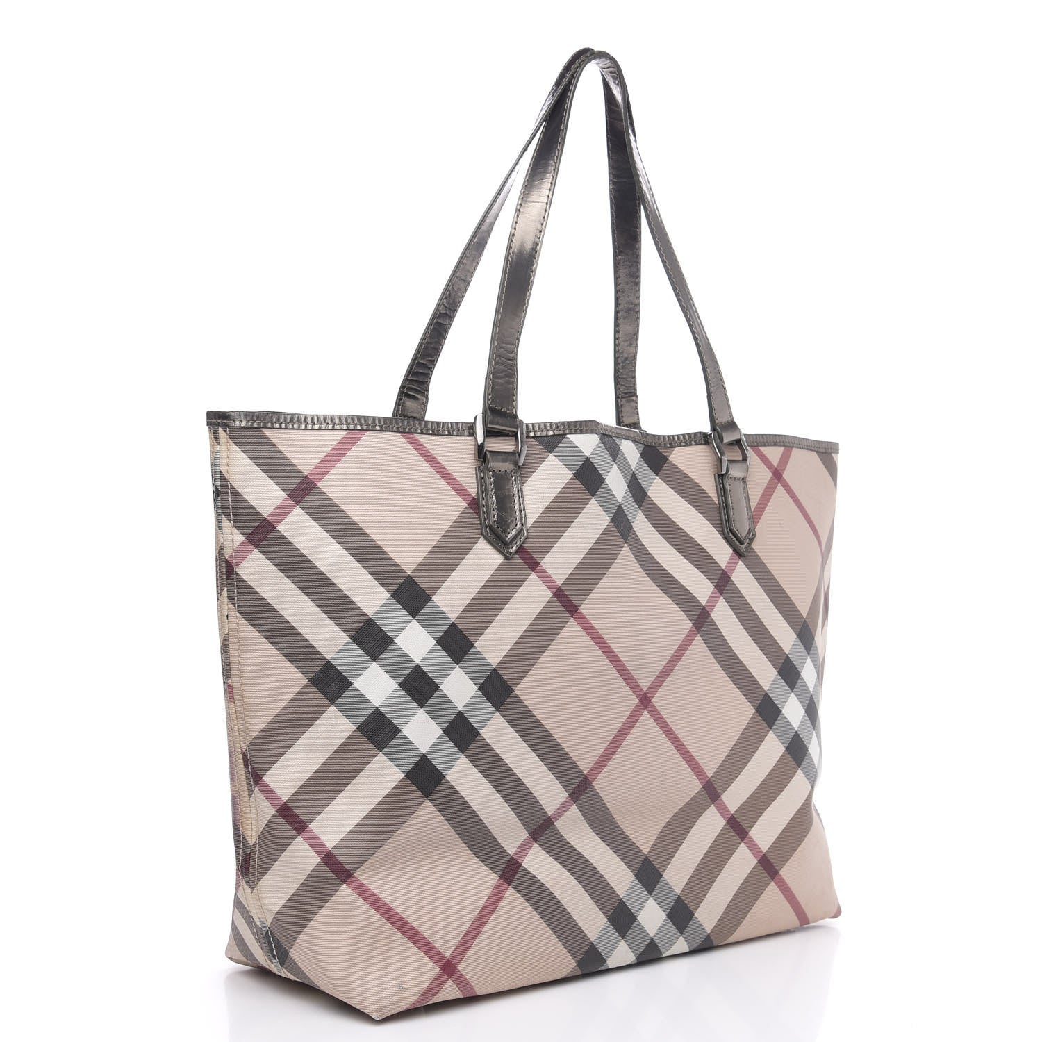 Burberry Metallic Calfskin Nova Check Shopper Tote Pewter 3 of 23
