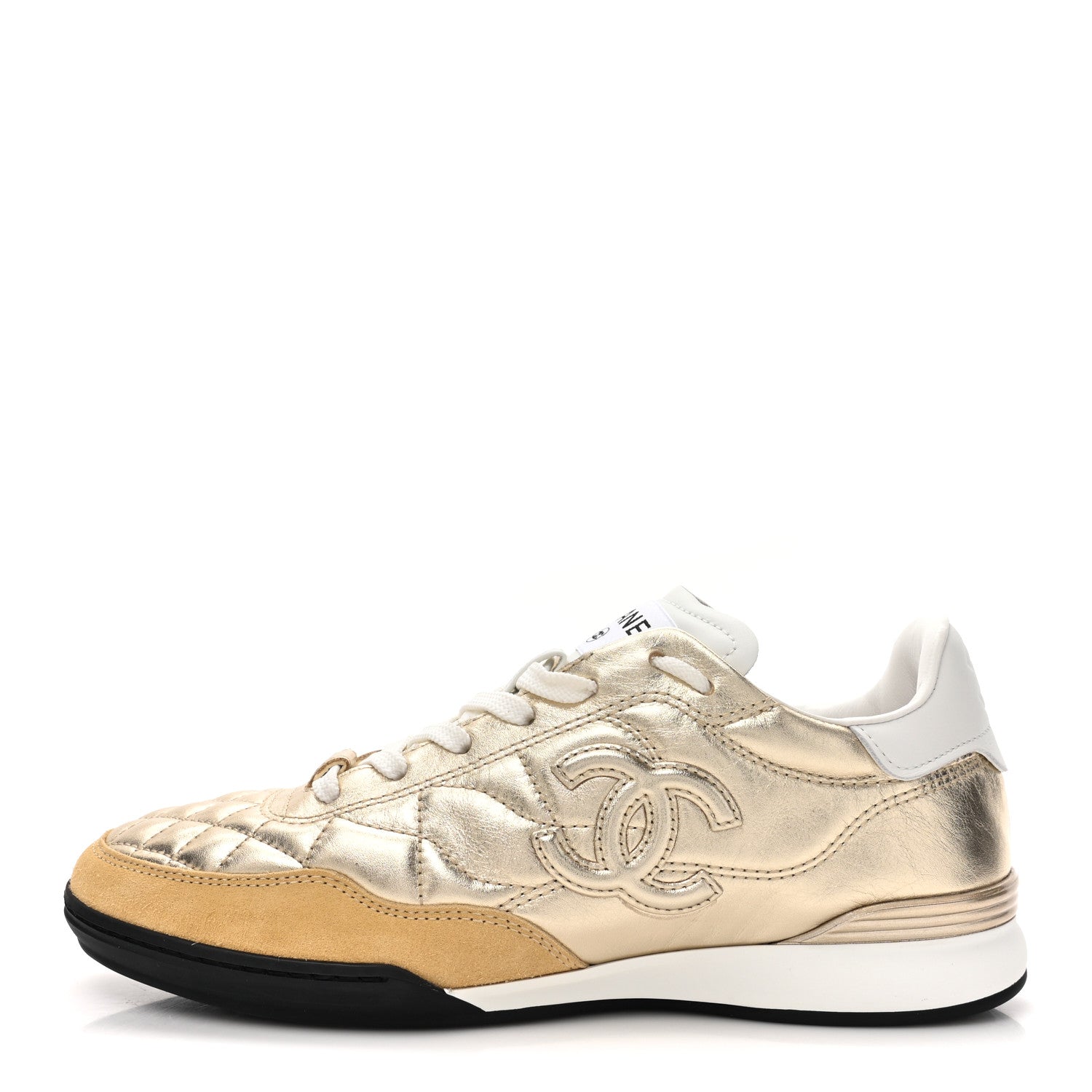 Chanel Laminated Calfskin Suede Quilted Womens CC Sneakers 37 Gold 1 of 10